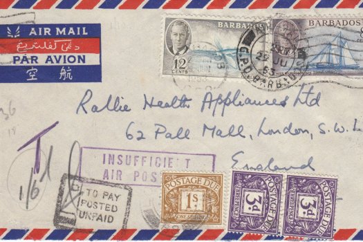 Barbados underpaid airmail cover to England, with GB postage dues stamps applied
