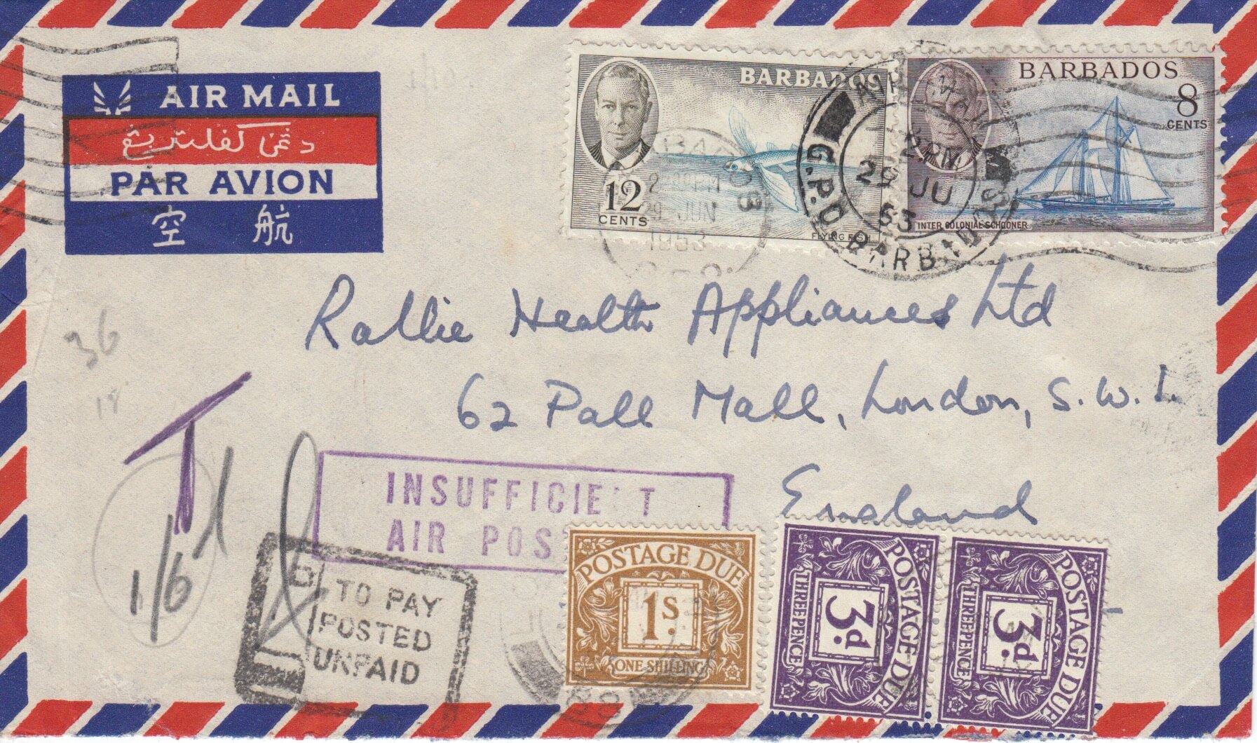 Barbados underpaid airmail cover to England, with GB postage dues stamps applied