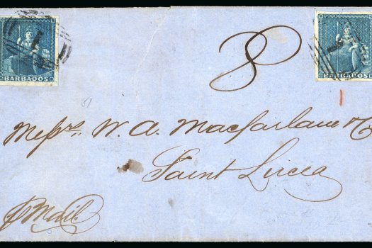 40556 - 1857 (Nov 11) wrapper from Bridgetown to St. Lucia, with two 1855-58 (1d) deep blue