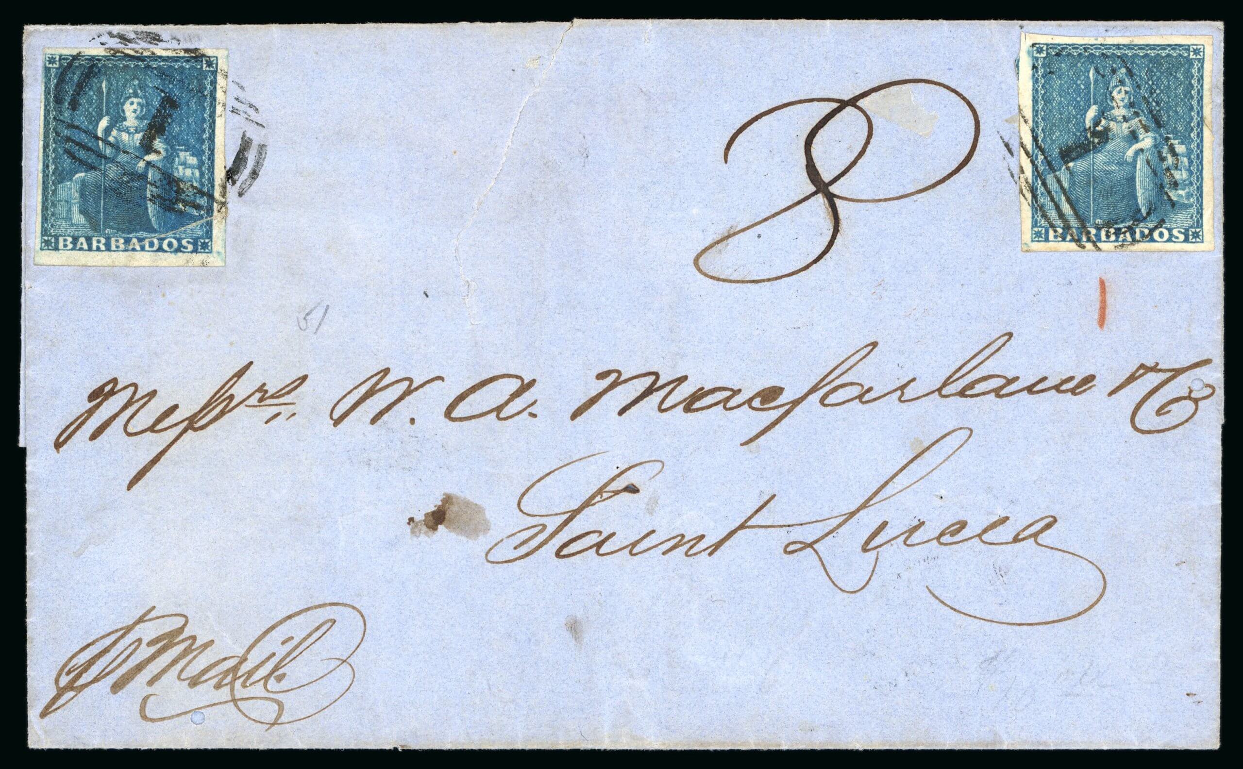 40556 - 1857 (Nov 11) wrapper from Bridgetown to St. Lucia, with two 1855-58 (1d) deep blue