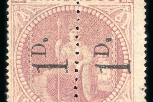 40581A - 1878, Provisional 1 d. on half 5 s. rose, surcharge reading up, an unsevered pair