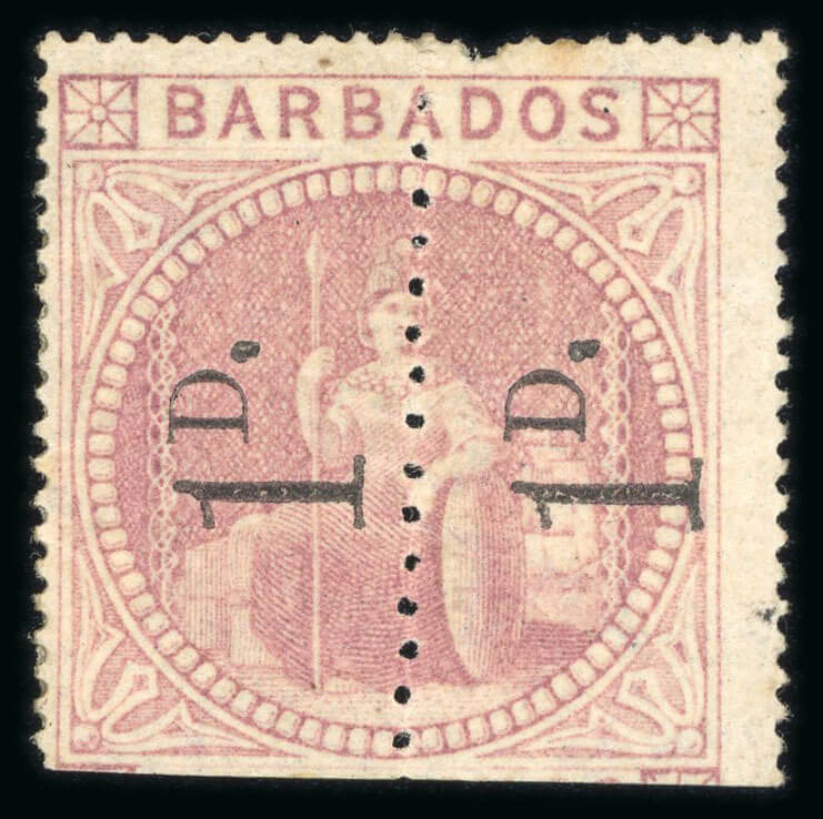 40581A - 1878, Provisional 1 d. on half 5 s. rose, surcharge reading up, an unsevered pair