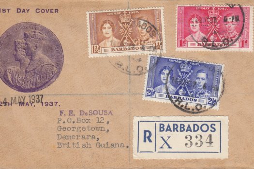Coronation 1937 Barbados FDC – Alex Bayley Illustrated Cover (incorrect printed date)