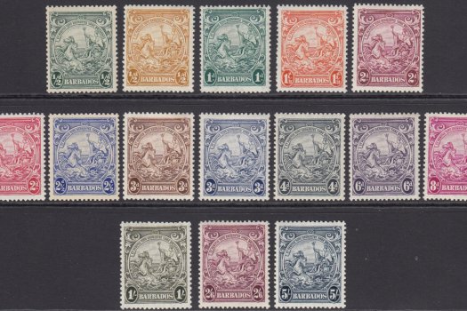 Barbados SG248-256a | ½d to 5/- 1938-47 George VI Badge of the Colony definitive set all p13½x13