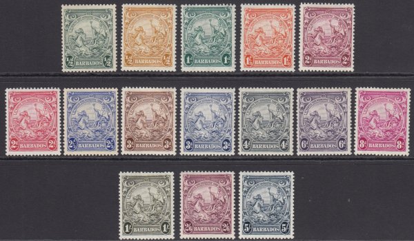 Barbados SG248-256a | ½d to 5/- 1938-47 George VI Badge of the Colony definitive set all p13½x13