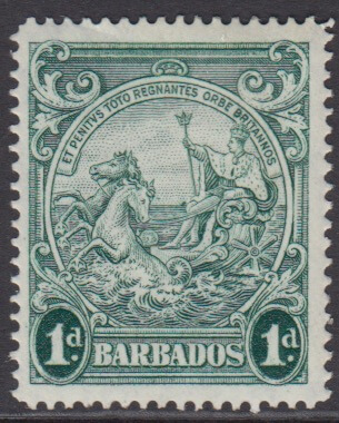 Barbados SG249bc | 1d Blue-Green p14 1938-47 George VI Badge of the Colony
