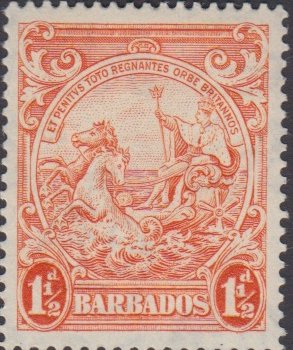 Barbados SG250b | 1½d Orange p14 1938-47 George VI Badge of the Colony