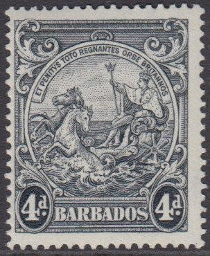 Barbados SG253d | 4d Black p14 1938-47 George VI Badge of the Colony