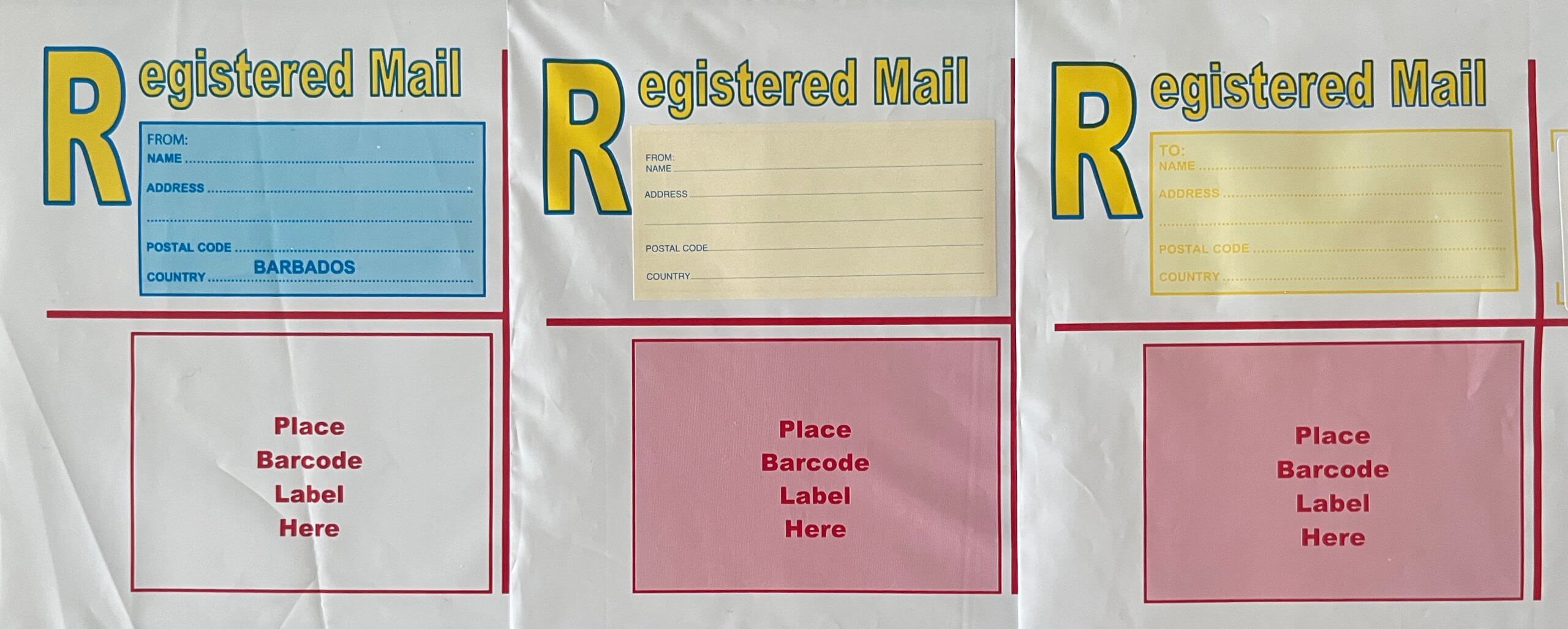 All three types of A5 registered mail envelopes