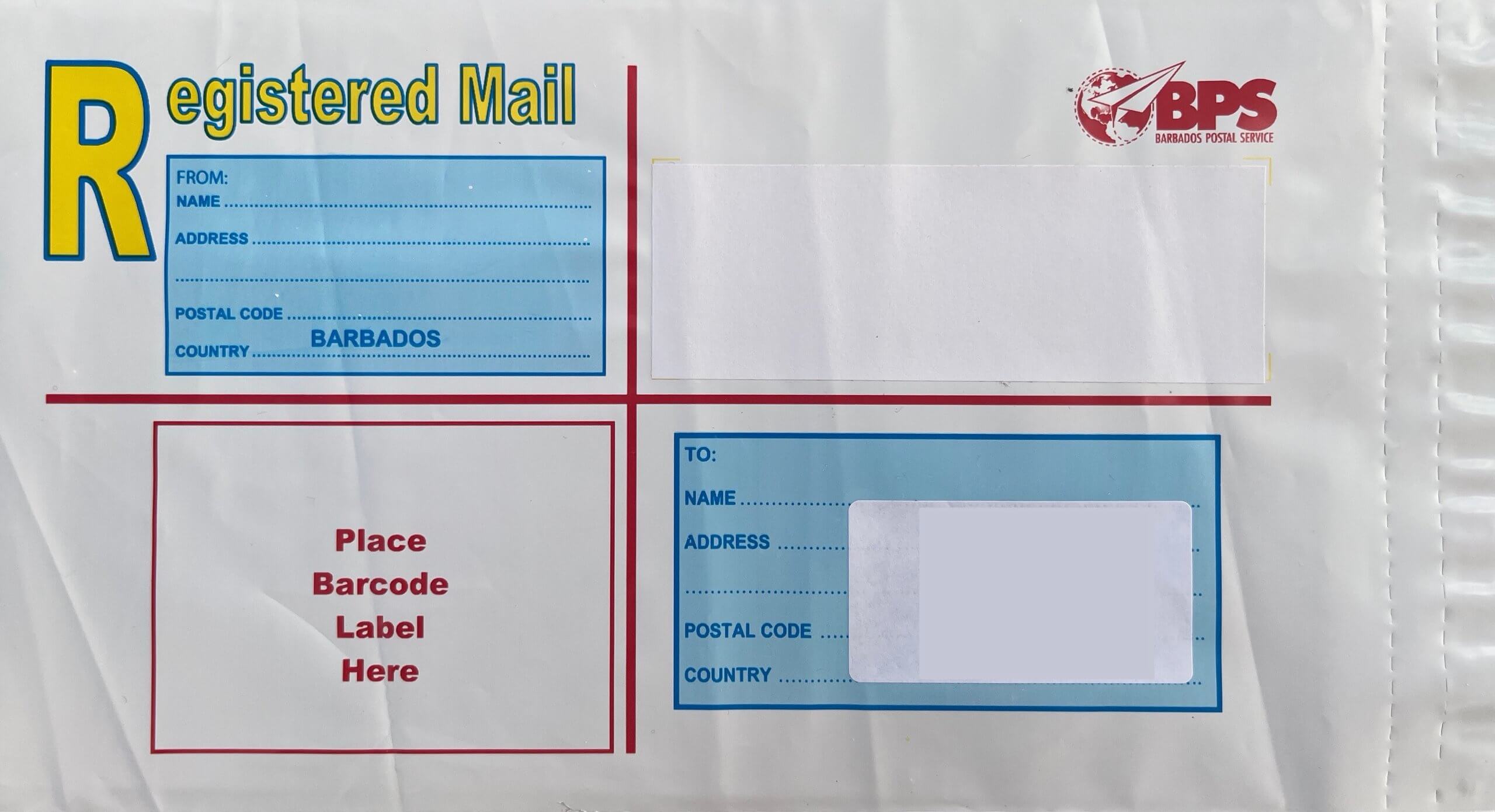 Type 1 - blue from and to, all pre printed on envelope. Barcode area white.