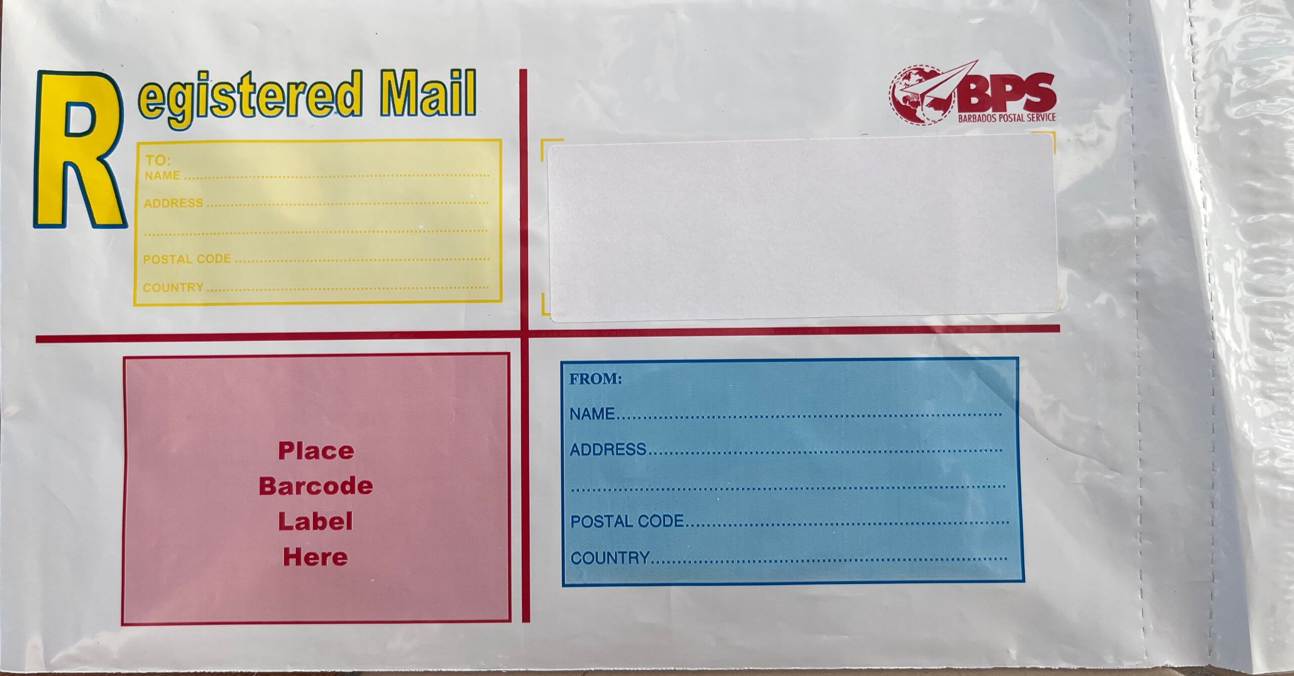 Type 3 - to box now in top left hand corner and from bottom right, all pre printed on envelope. Barcode area pink