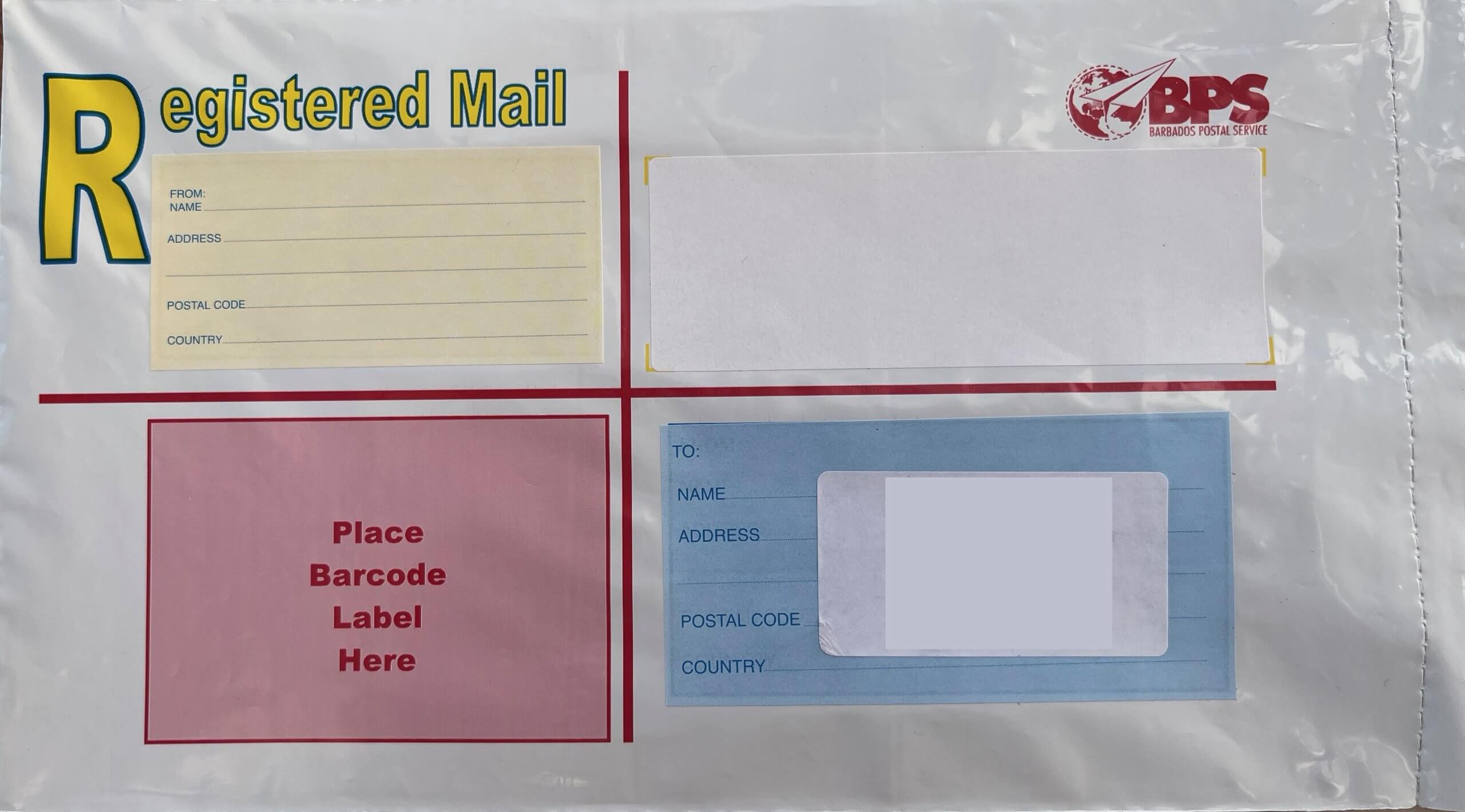 Type 2 - from in yellow top left as an adhesive label, from bottom right also as an adhesive label. Barcode area pink