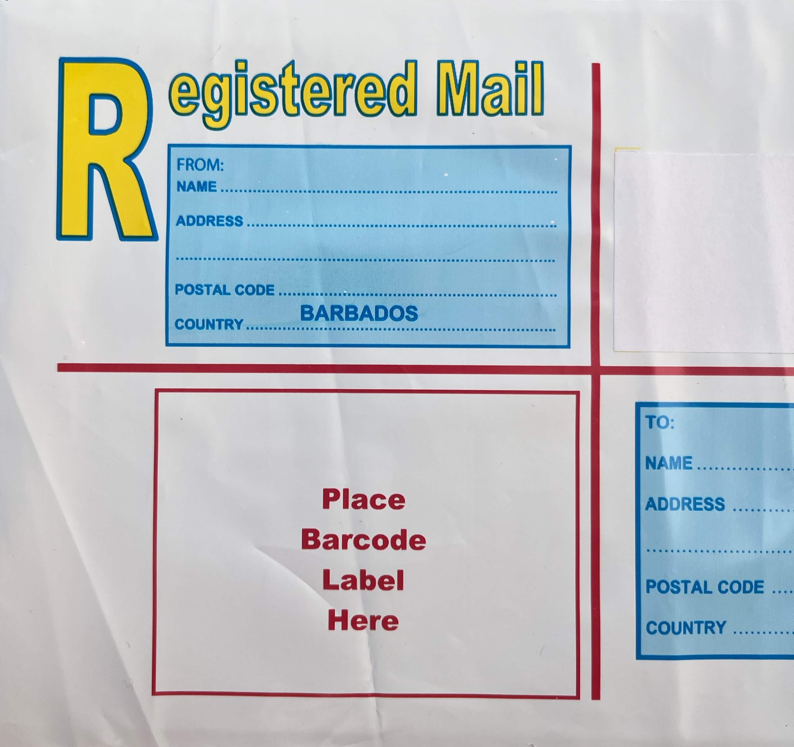 Type 1 Barbados registered envelope close up