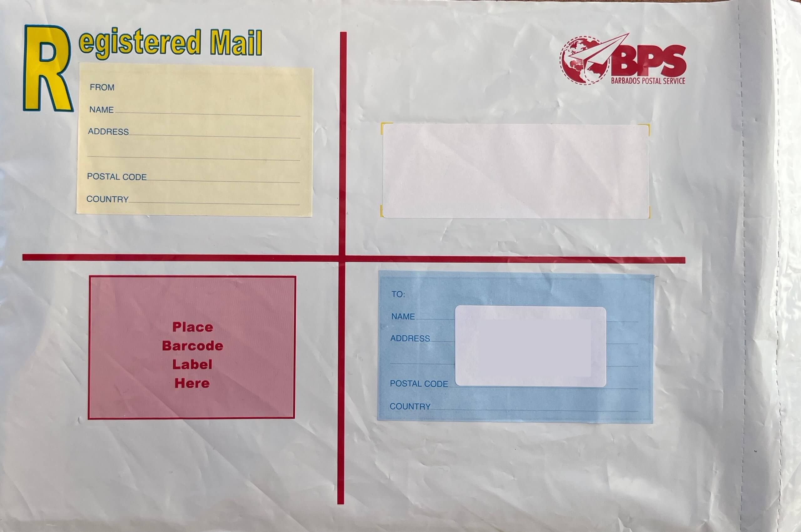 A4 Barbados registered envelope.
