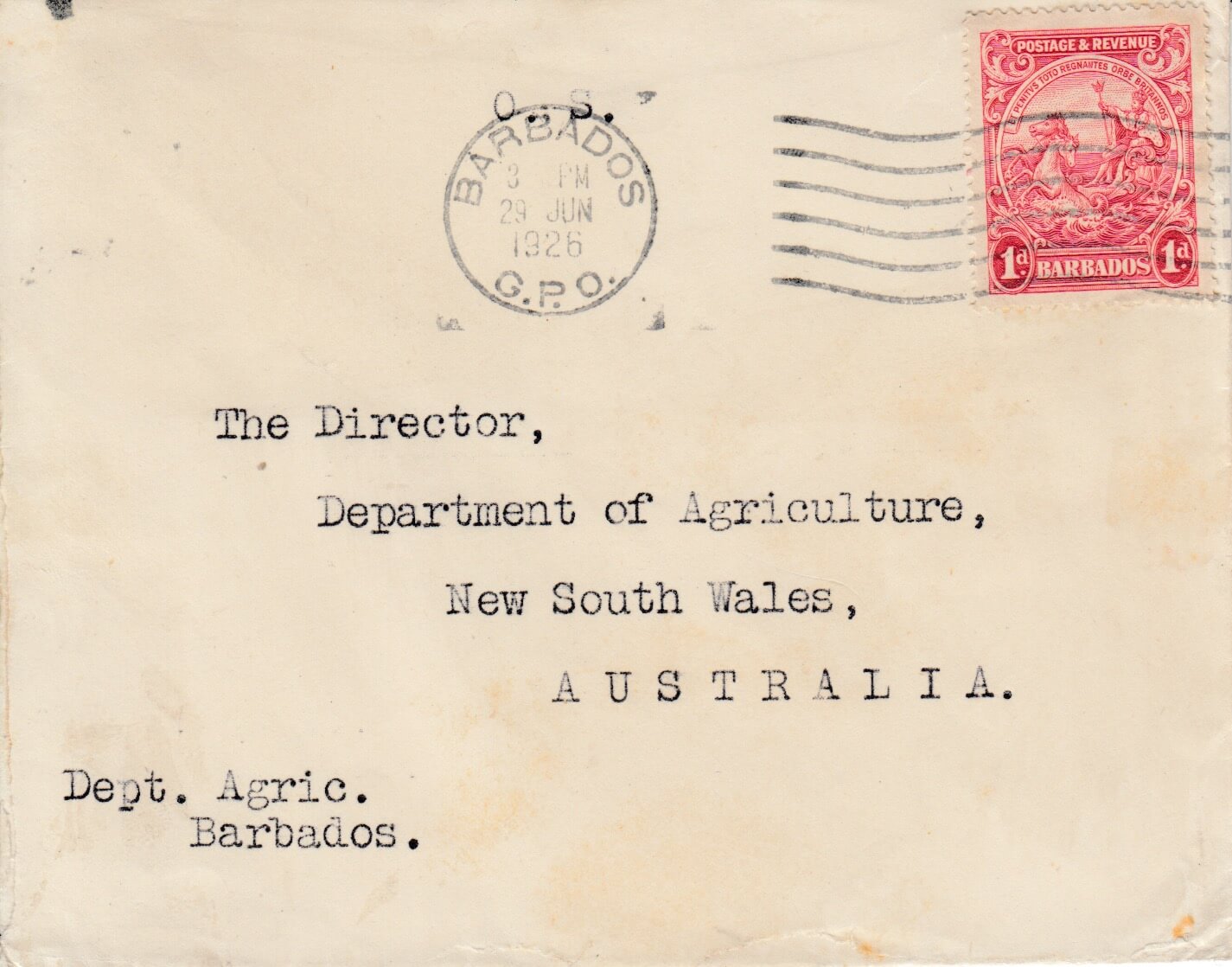 One penny rate cover from Barbados to Australia 1926