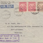 Barbados to Curacao via Trinidad - KLM First Flight Cover 19th October 1938 (3d and 2x 1d stamps)