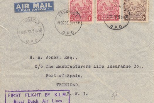 Barbados to Curacao via Trinidad - KLM First Flight Cover 19th October 1938 (3d and 2x 1d stamps)
