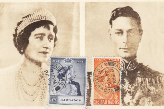 Royal Silver Wedding on pre printed postcard of Geo VI and Elizabeth Bowes-Lyon, tied with AIRMAIL G.P.O. BARBADOS cancel