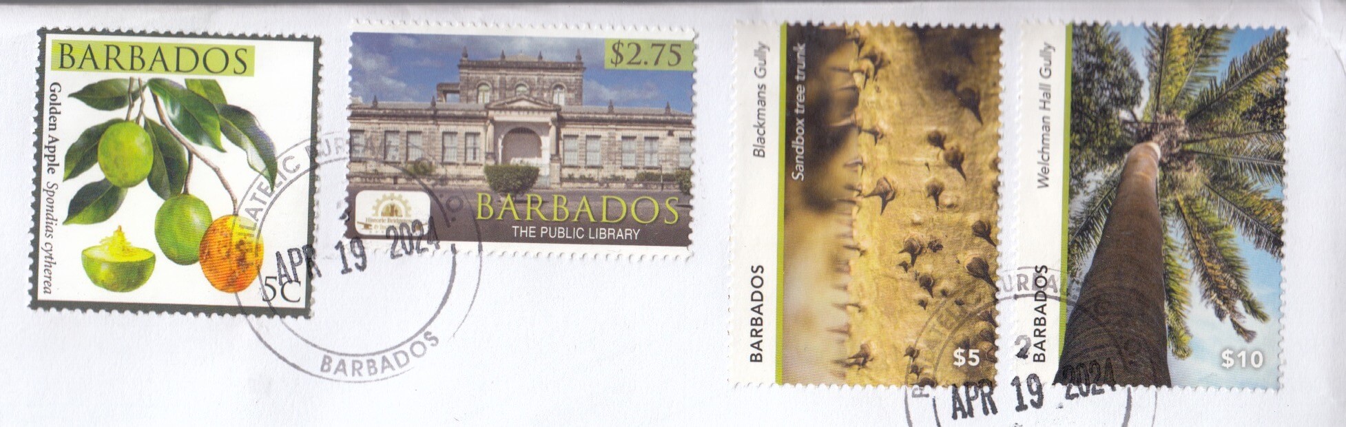 Gullies in Barbados high value definitives being used on cover with a $2.75 from the Historic Bridgetown series and a 5c Local Fruits make up rate