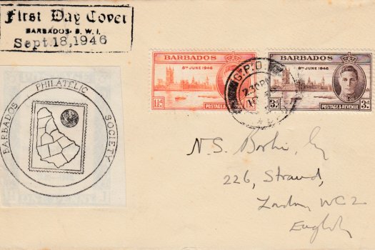 Barbados Victory 1946 FDC – on plain cover with Barbados Philatelic Society printed label