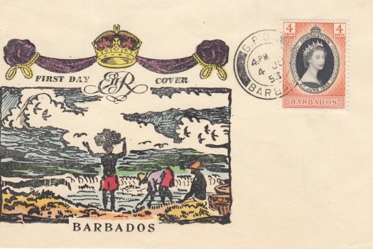 QEII Barbados Coronation Commemorative FDC with seaweed gathering at beach scene
