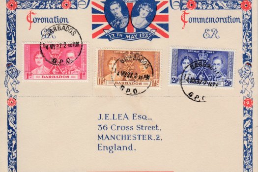 Coronation 1937 Barbados FDC - on Illustrated JE Lea Cover - Barbados G.P.O. Cancel (E10)