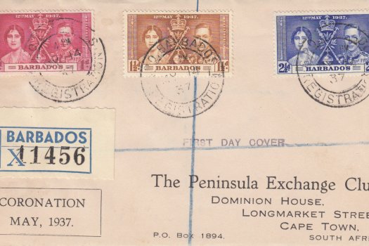 Coronation 1937 Barbados FDC - Peninsula Club Cover to South Africa - Barbados Registration Cancel (J7)