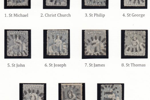 A neat collection of parish boot heels on a single issue of Barbados stamps