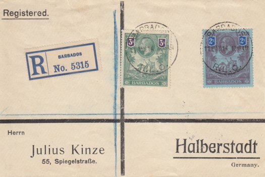 Barbados George V Definitive issue high values on cover