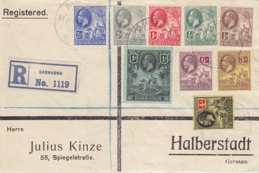 Barbados George V Definitive issue low values on cover