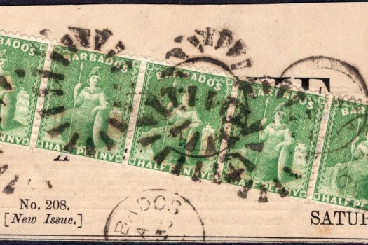 Barbados SG67 strip of 5 on newspaper mast - largest known multiple