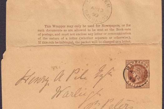 Barbados 1882 | Newspaper Wrapper ½d red-brown used with St Peter cancel HG1