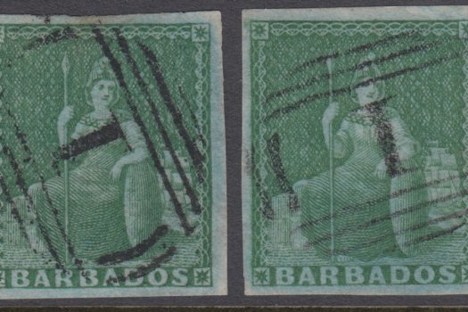 A Pair of Barbados SG1 stamps both with numeral 1 obliterator cancels