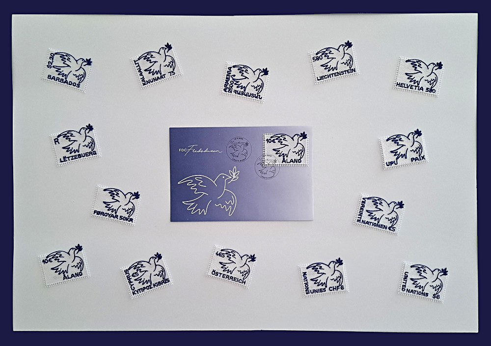 Dove or Peace stamp montage with every stamp surrounding a single FDC