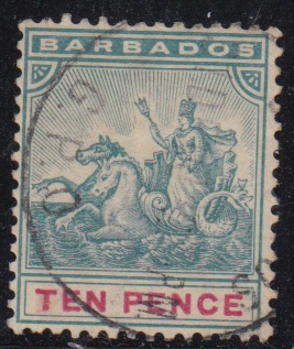 Barbados SG113 | Used 10d Dull blue green and Carmine (Used)