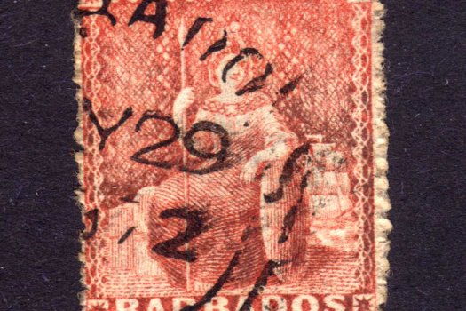 Barbados SG45 4d dull vermillion with sideways watermark (front)