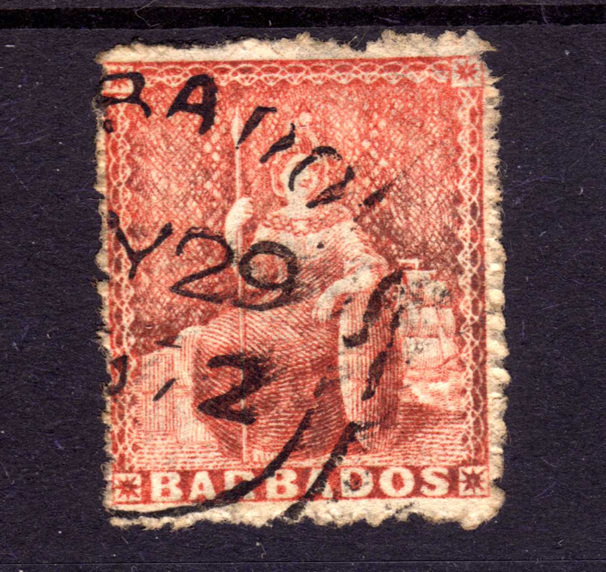 Barbados SG45 4d dull vermillion with sideways watermark (front)