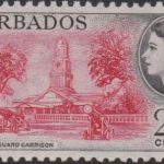 Barbados SG297 - 1956 24c. QEII Old Main Guard Garrison, Red and Black Watermark Mult Script CA. Perforation 11 x 11½